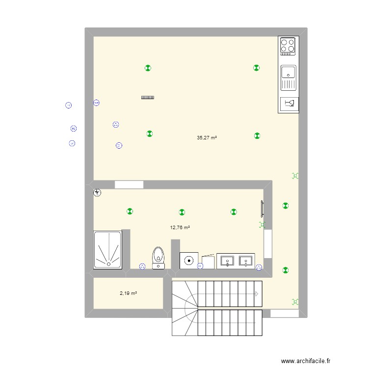 t3 duplex rdc modifier 2.0. Plan de 3 pièces et 50 m2