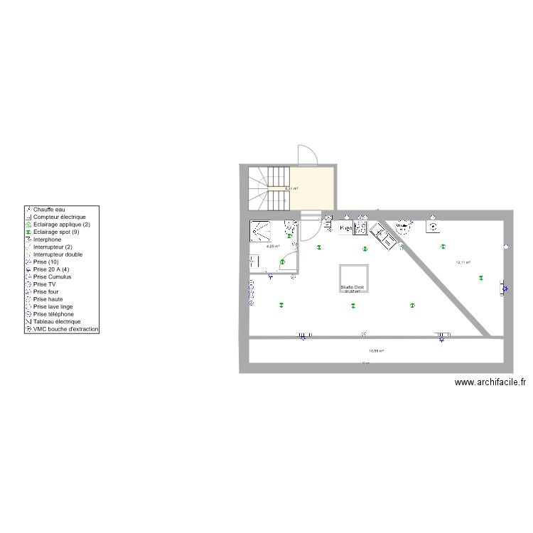 Pharmacie Plan électricité Studio droite comble aménageables 10022021. Plan de 5 pièces et 66 m2