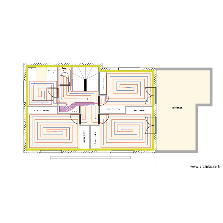 Implantation Plancher chaufant. Plan de 14 pièces et 337 m2