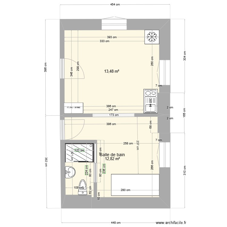 Studio, nouveau plan ok avec salle de bain et cuisine. Plan de 2 pièces et 26 m2