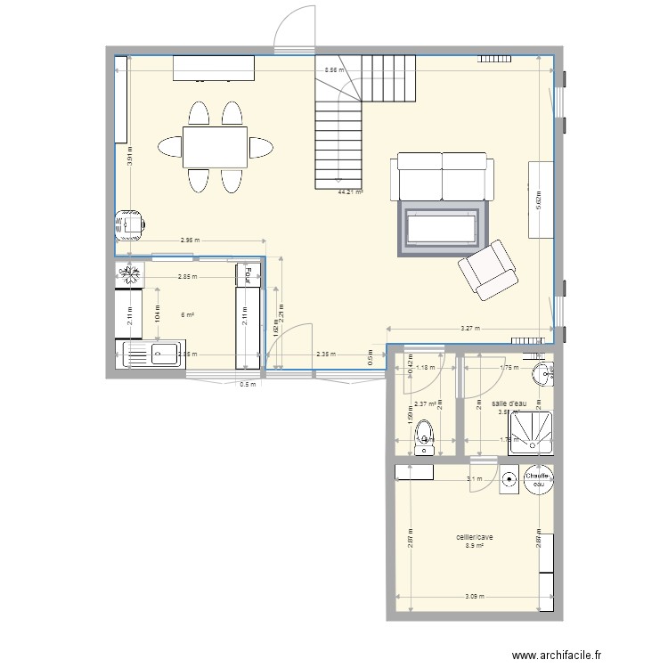 RDC maison 1923 aire ouverte. Plan de 5 pièces et 65 m2