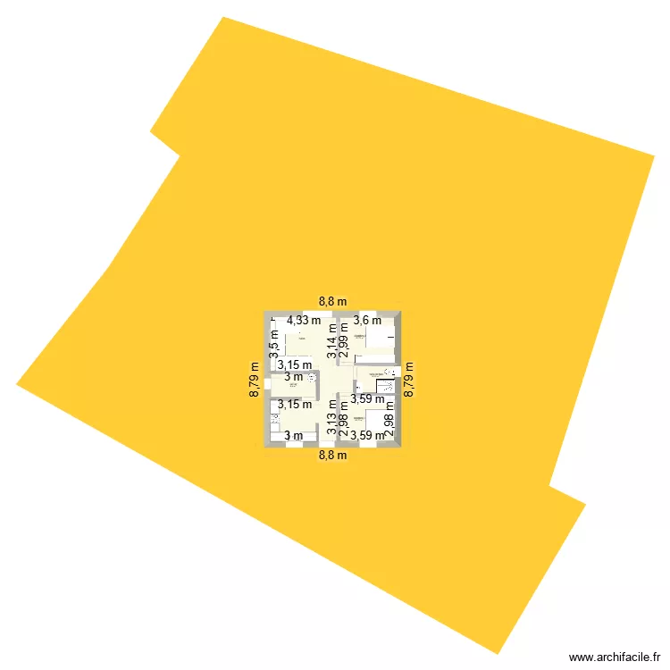 Plan maison T3 version 3. Plan de 6  et 127 m²