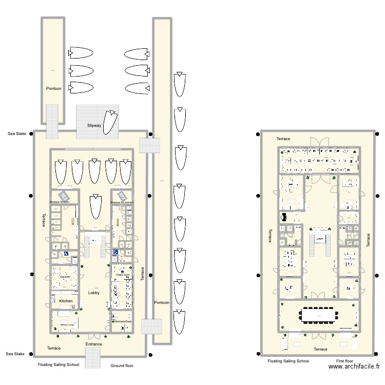 Barge Sailing School DQYacht Club. Plan de 42 pièces et 2477 m2