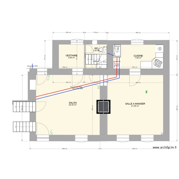 PLANRDC5 EAU CHAUFFAGE. Plan de 6 pièces et 60 m2