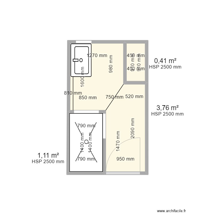 SDB 2. Plan de 3 pièces et 5 m2