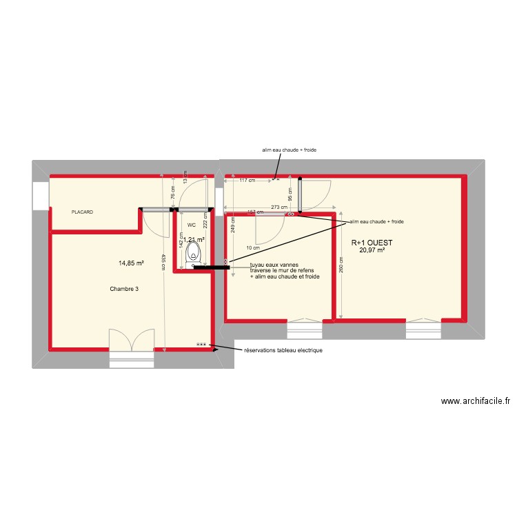 PLAN AF A CONSTRUIRE R+1 CENTRE ET EST pour maçon. Plan de 3 pièces et 39 m2