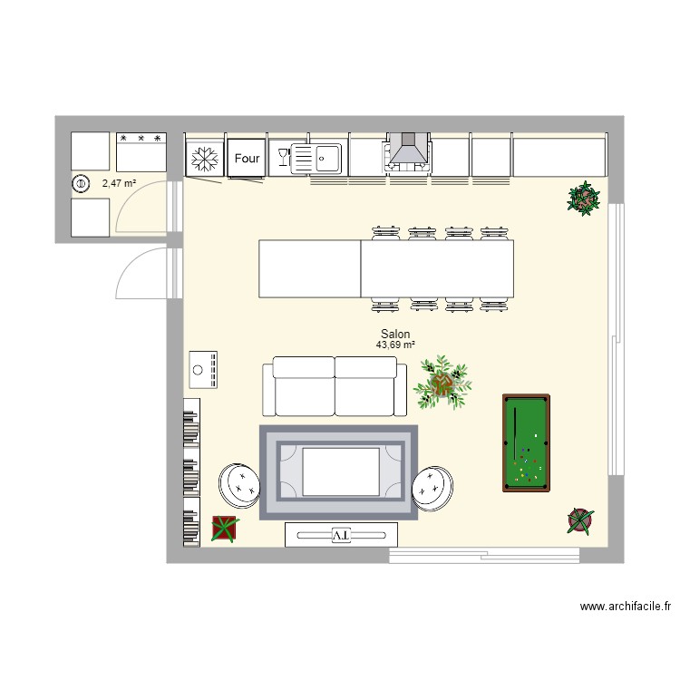 RDM Salon v0. Plan de 2 pièces et 46 m2