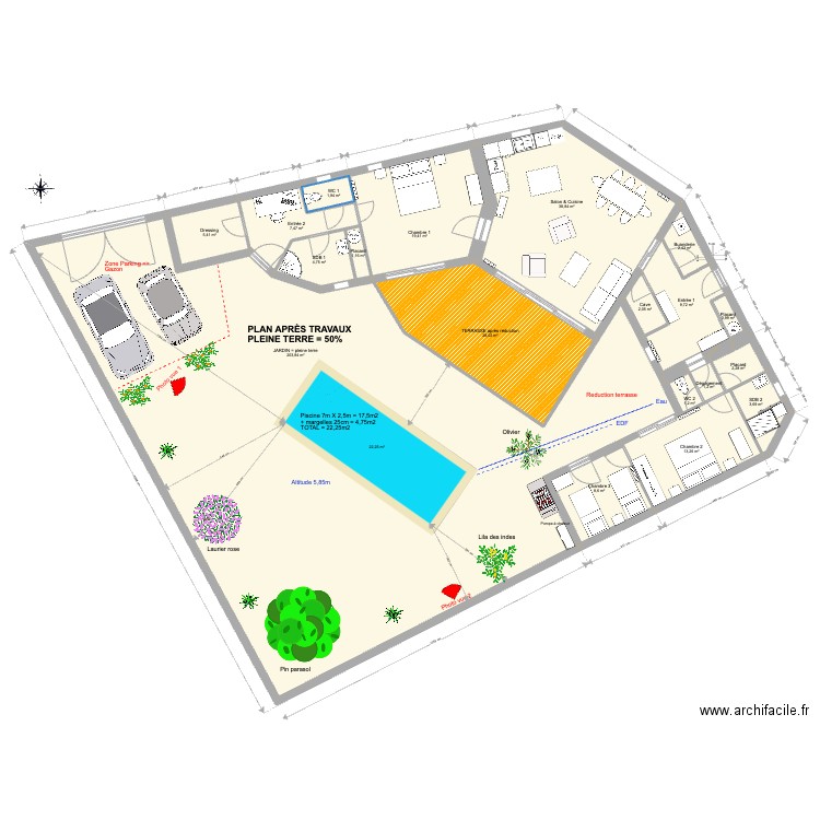 Bois plage travaux avec terrasse modifiée def urbanisme. Plan de 20 pièces et 401 m2