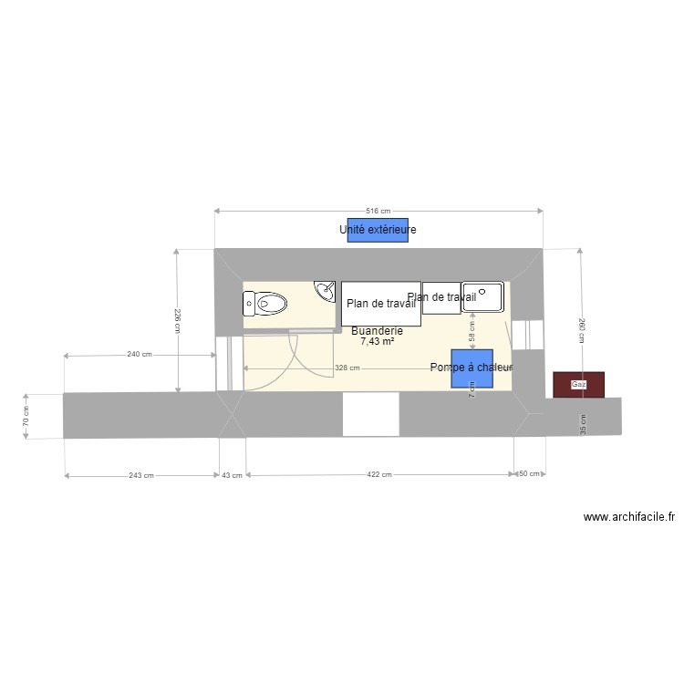 Buanderie. Plan de 1 pièce et 7 m2