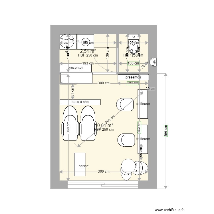 salon coiffure 19m2. Plan de 3 pièces et 15 m2