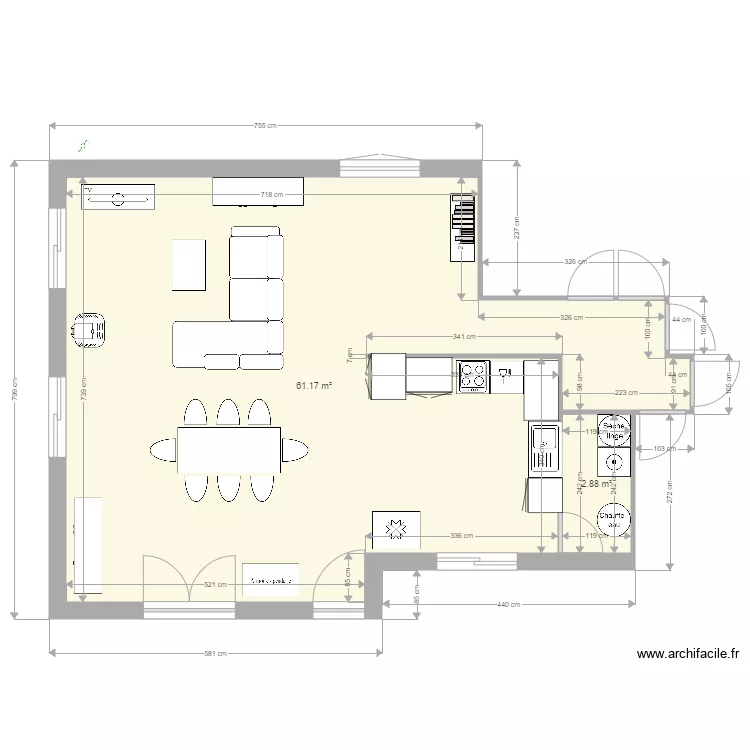 SALON CUISINE CELLIER AGRANDI. Plan de 