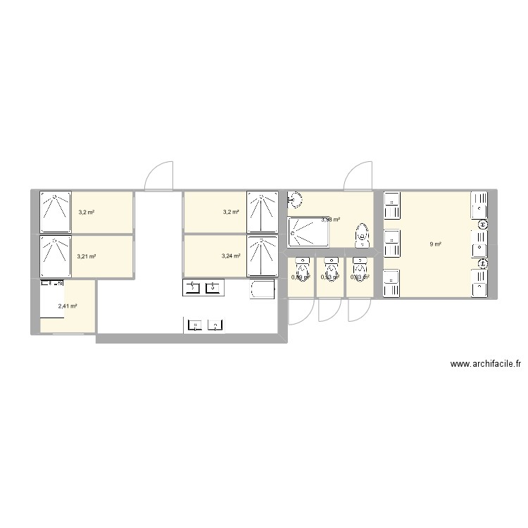 Bloc sanitaire. Plan de 10 pièces et 31 m2