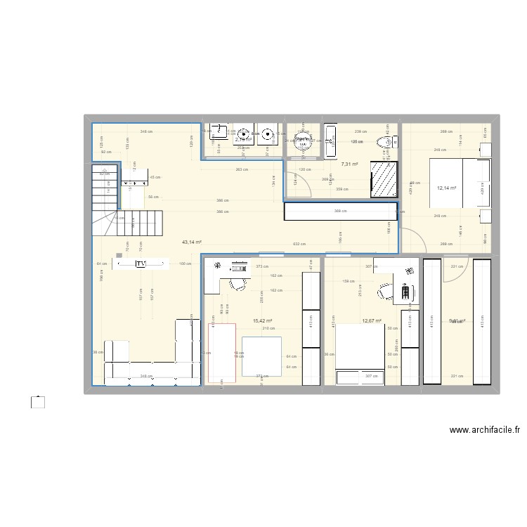 Sous-sol option 1. Plan de 8 pièces et 104 m2