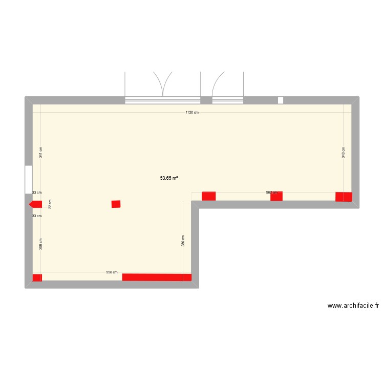 Plan RDC cotations. Plan de 1 pièce et 54 m2