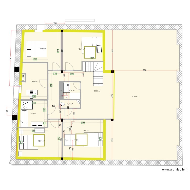 RDC & R+1-V4. Plan de 28 pièces et 480 m2