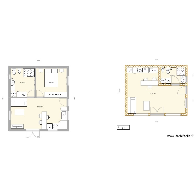 Appartement 40 m2. Plan de 5 pièces et 63 m2