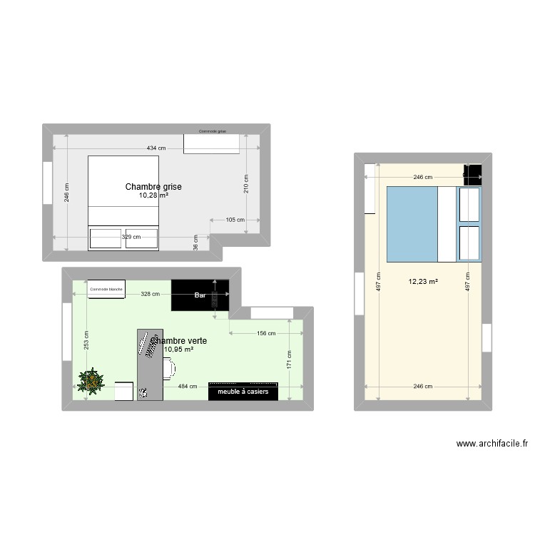 Chambres HW. Plan de 3 pièces et 33 m2