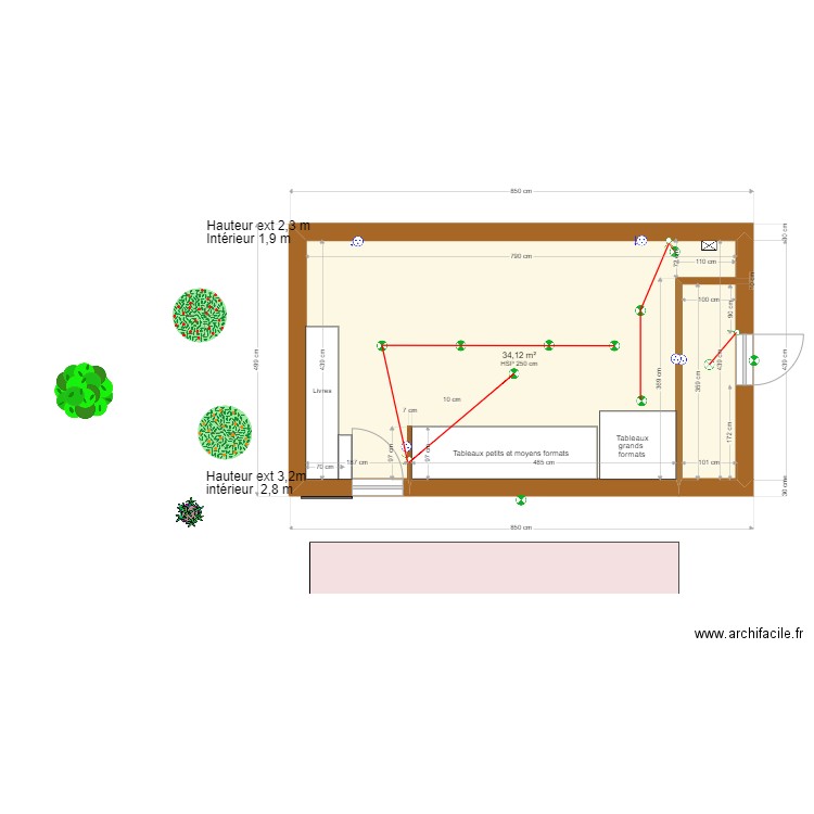 porcherie avec dimensions mezzanine 06.2022. Plan de 1 pièce et 34 m2