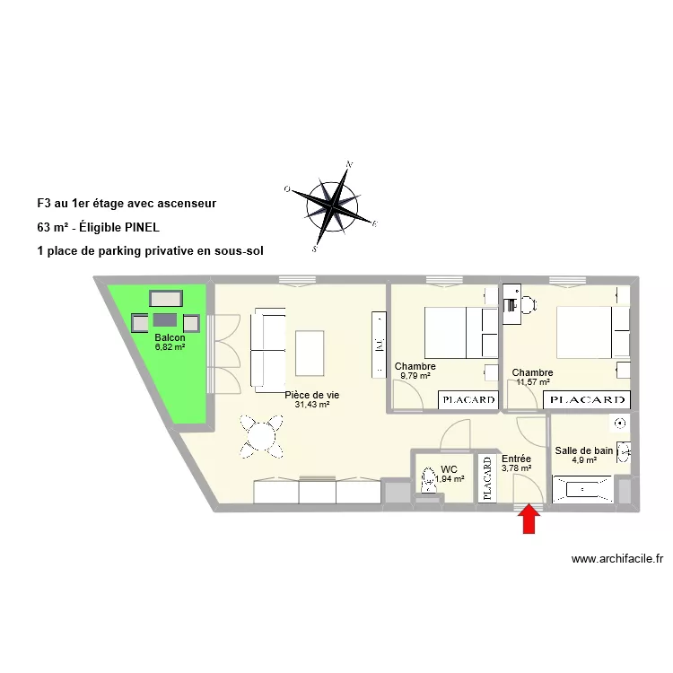 BOUYGUES T3 le moins cher 1er &eacute;tage. Plan de 