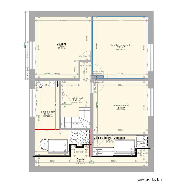 Rénovation d'une villa - QUIEVRAIN (étage). Plan de 7 pièces et 84 m2