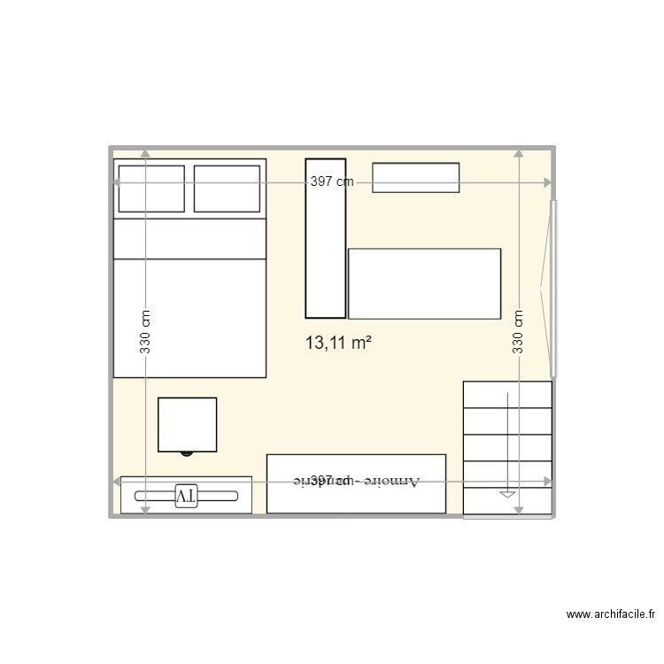 Chambre leia RDC. Plan de 1 pièce et 13 m2