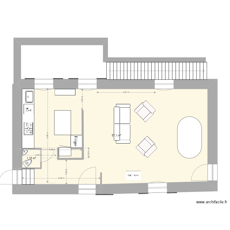 Cuisine Pouilly V3. Plan de 2 pièces et 58 m2