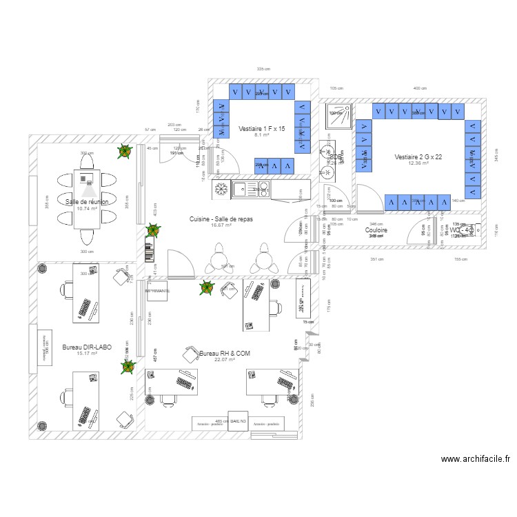 Bureau lab 1 et Vestiaires HF v4.2. Plan de 9 pièces et 93 m2