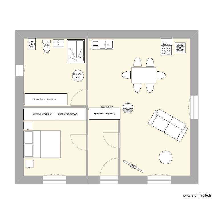 chambre devant . Plan de 1 pièce et 58 m2