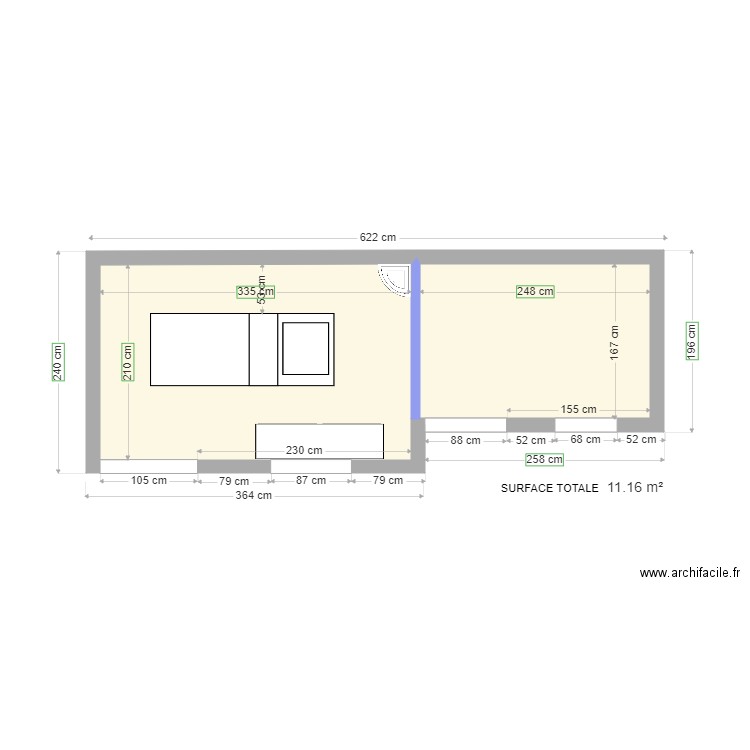 Abri de jardin Placo. Plan de 1 pièce et 11 m2