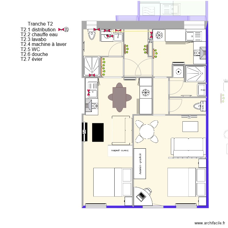 T2 plomberie. Plan de 0 pièce et 0 m2