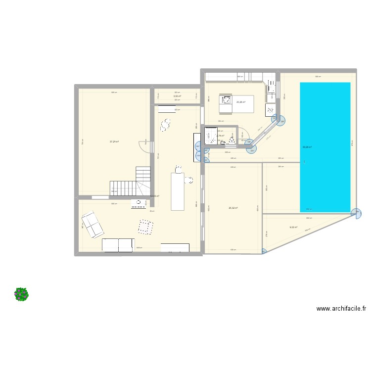 PISCINE. Plan de 8 pièces et 213 m2