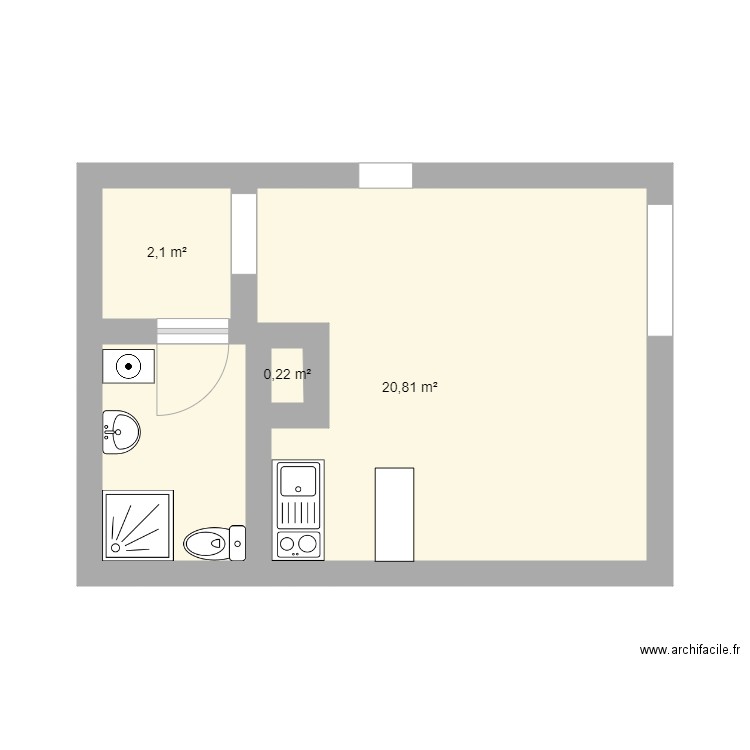 studio. Plan de 3 pièces et 23 m2