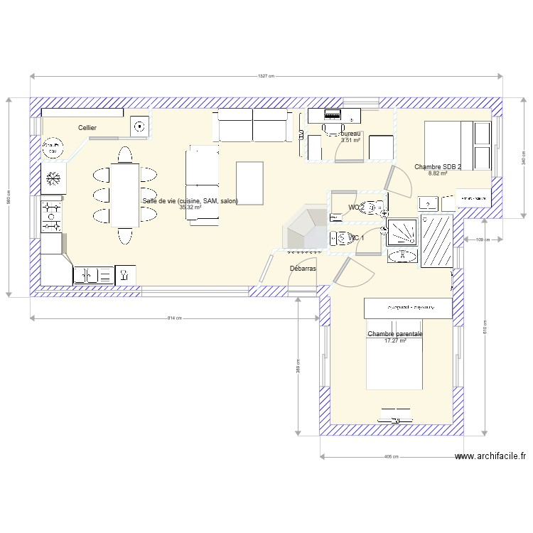 Projet 87 m2 2 CH avec SDB Bureau. Plan de 0 pièce et 0 m2