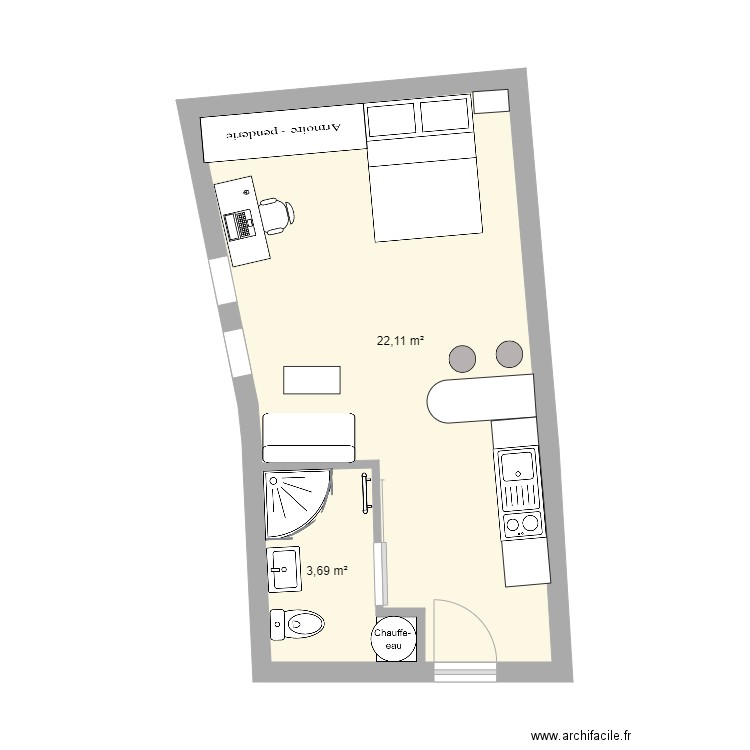 Plaudren T1. Plan de 2 pièces et 26 m2