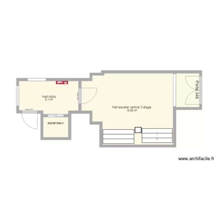 Hall biblio et Hall escalier cental 3e. Plan de 