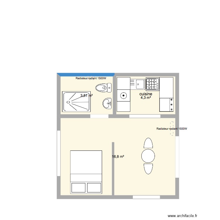 studio 6. Plan de 3 pièces et 25 m2