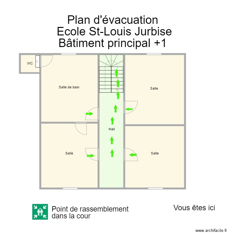 Jurbise bâtiment principal première étage. Plan de 6 pièces et 85 m2