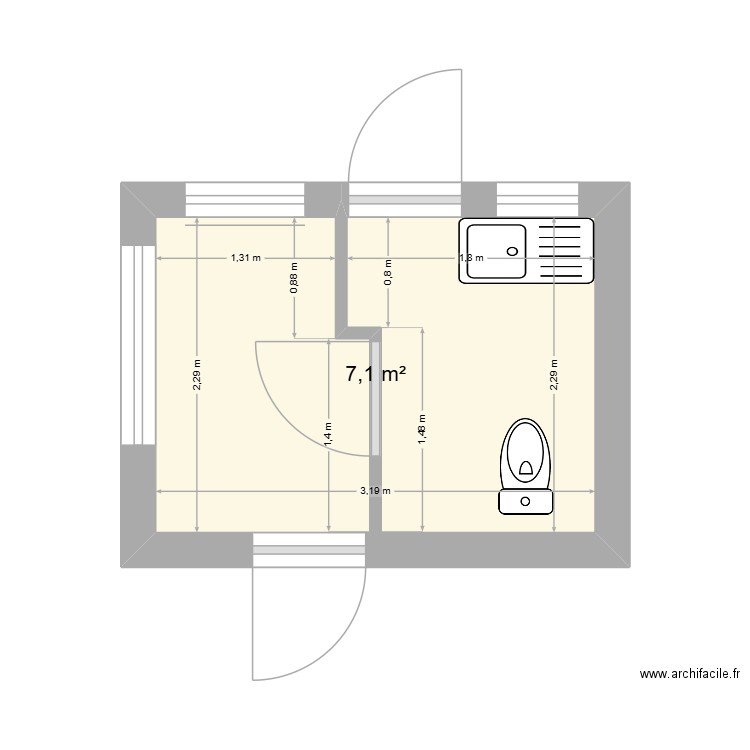 buanderie avec WC. Plan de 1 pièce et 7 m2