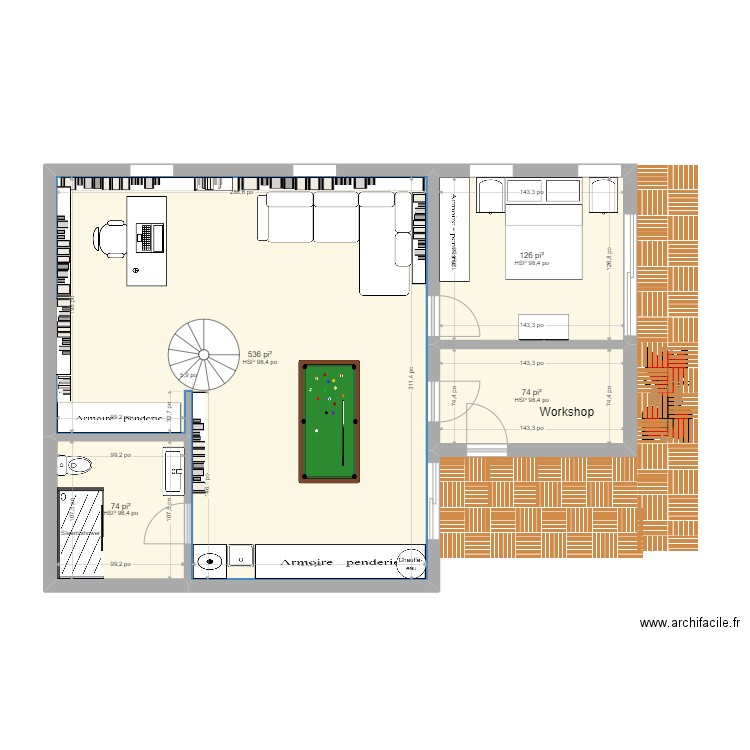 Tremblant sous-sol 6. Plan de 4 pièces et 75 m2