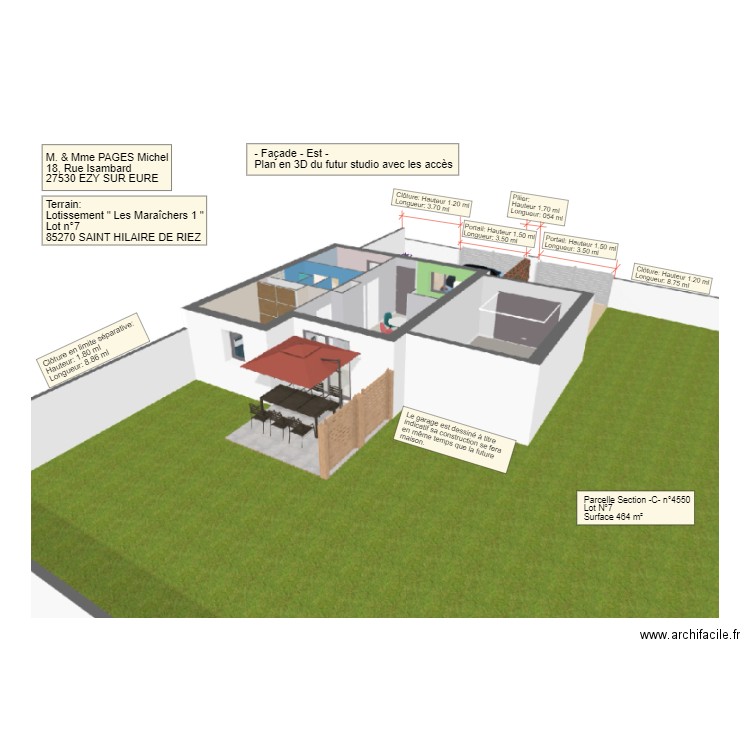 Plan du Studio en 3D - Façade - Est -. Plan de 0 pièce et 0 m2