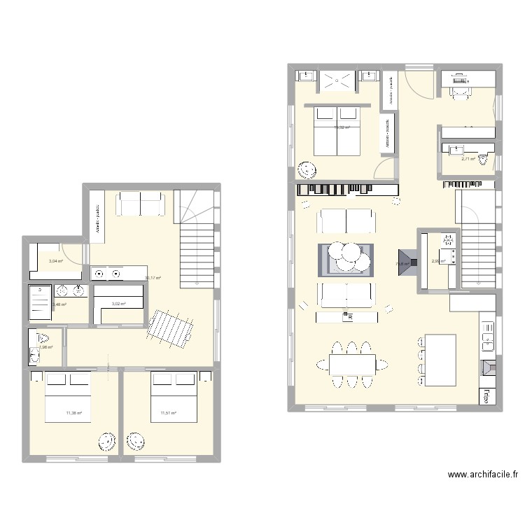 Maison 2 Niveaux variante 3. Plan de 11 pièces et 166 m2