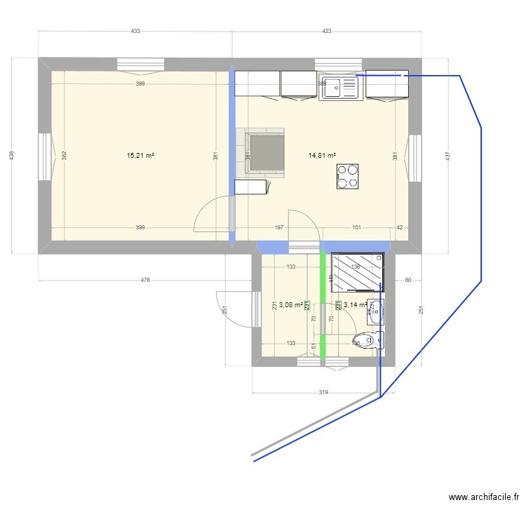 eauxVyU. Plan de 4 pièces et 36 m2