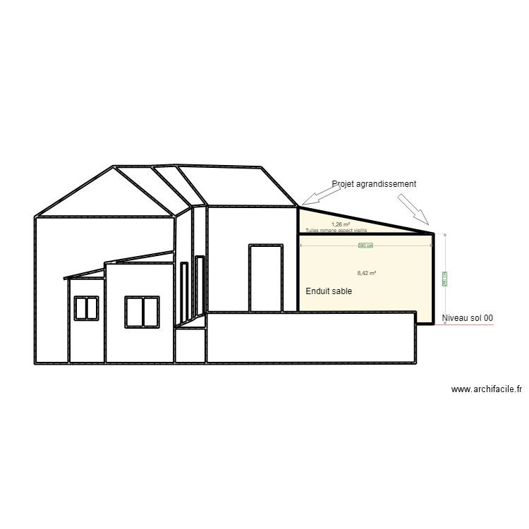 Façade sud Ouest extension garage. Plan de 16 pièces et 39 m2