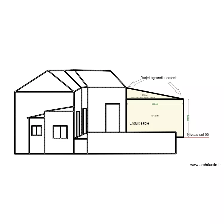 Fa&ccedil;ade sud Ouest extension garage. Plan de 