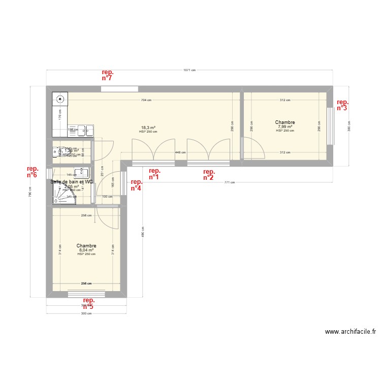 Modèle Nord toit plat. Plan de 5 pièces et 38 m2