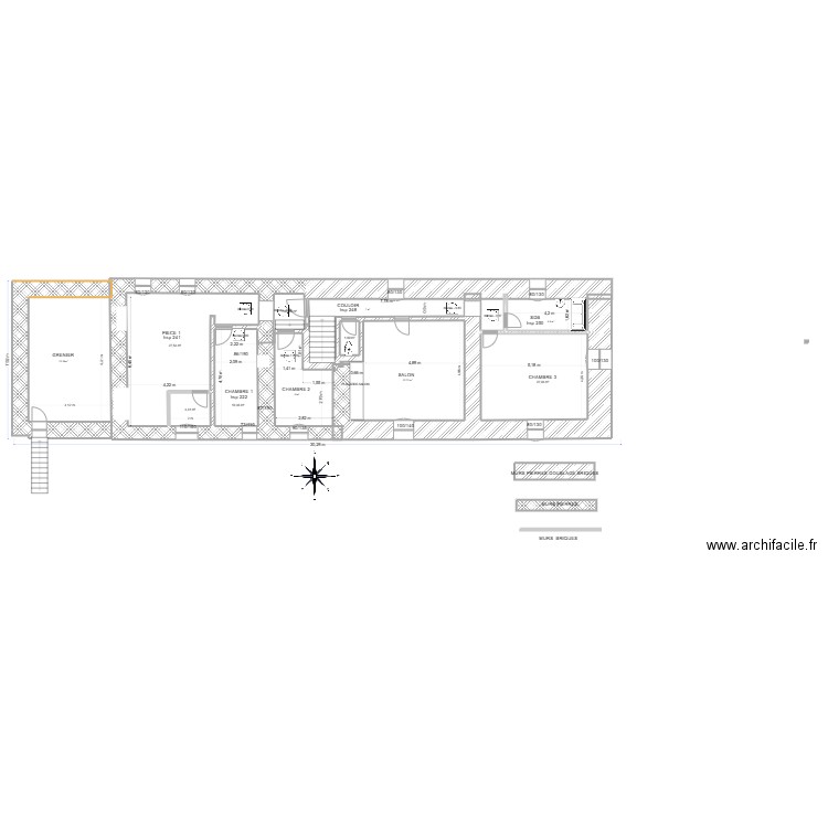 1 er étage presbytère bois de céné . Plan de 6 pièces et 69 m2