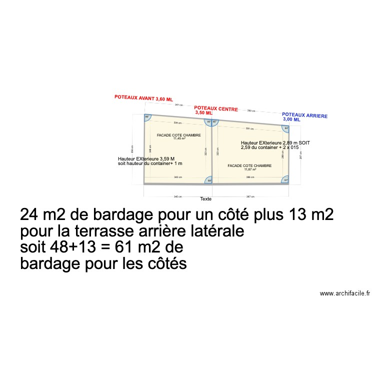 FENETTEAU PLAN FACADES LATERALES chambres 2X21 m2. Plan de 2 pièces et 23 m2