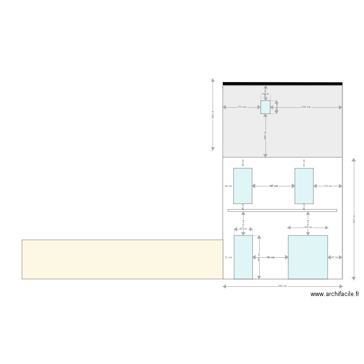 Façade Nord actuel. Plan de 2 pièces et 49 m2