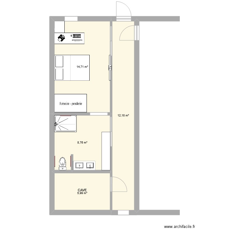 aménagement chambre SDB. Plan de 4 pièces et 42 m2