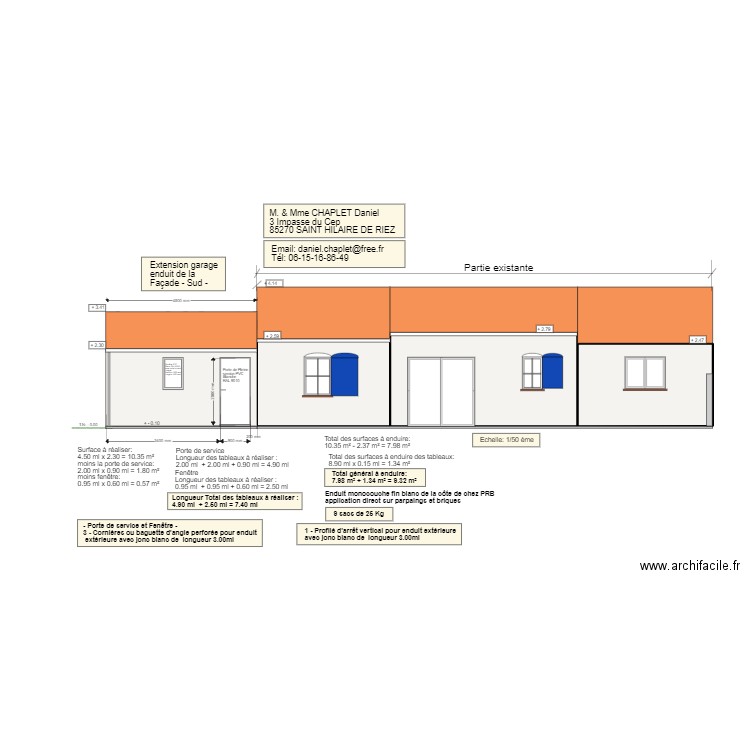 Enduit Garage Façade Sud. Plan de 3 pièces et 36 m2